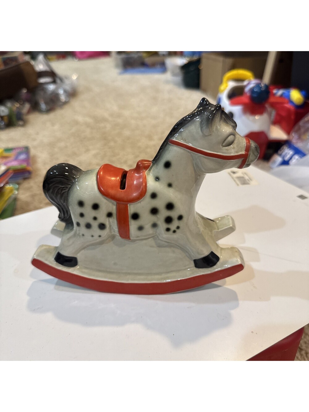 Goebel Ceramic Rocking Horse Piggy Bank White Black Spots Red Saddle- no plug